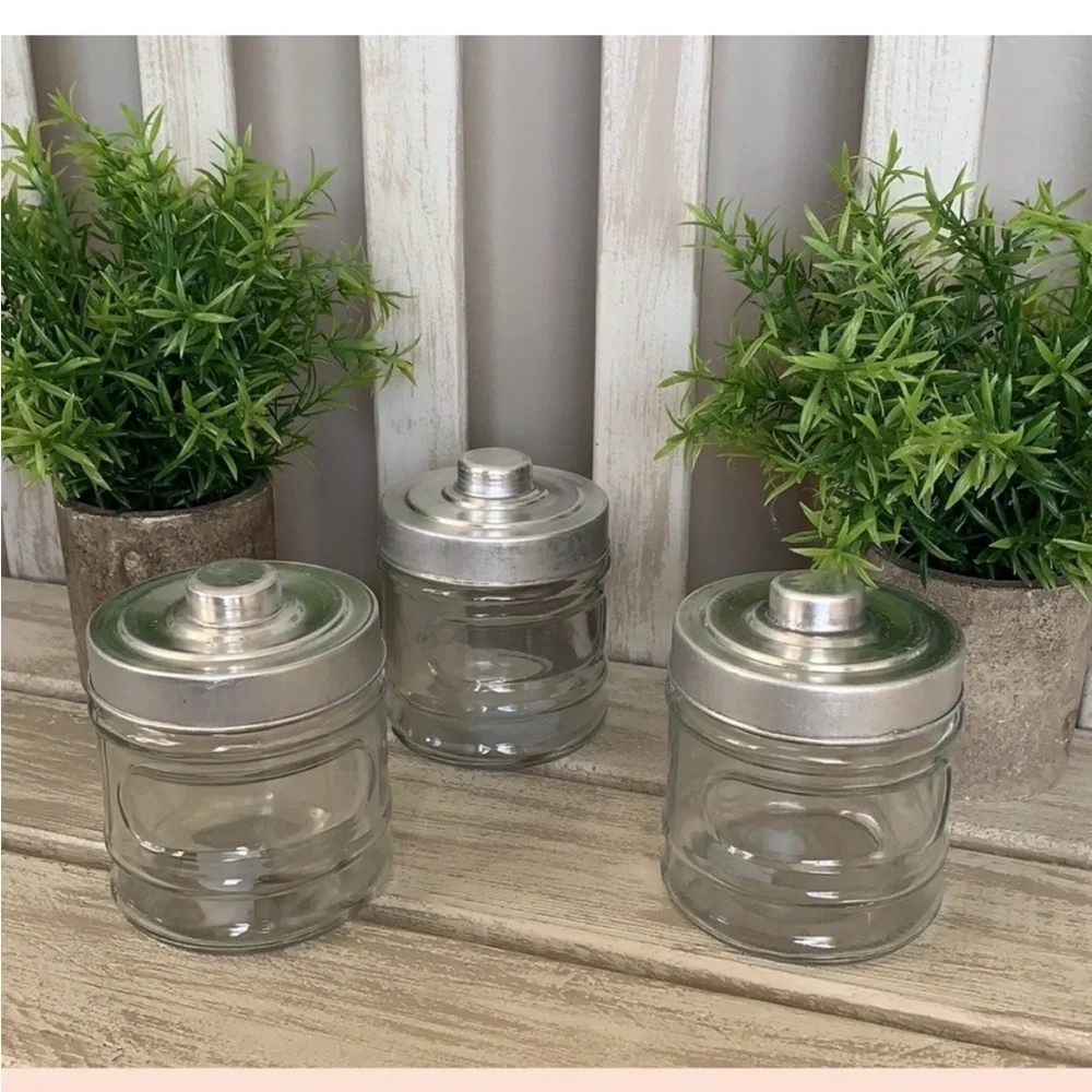 Apothecary Jar Set - Rustic Farmhouse Jar W/Metal Lids 3pcs Set ~New~